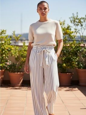 Ricki's White Wide Legged CROPPED Pants with Blue Pinstripes and Tie Waist 8